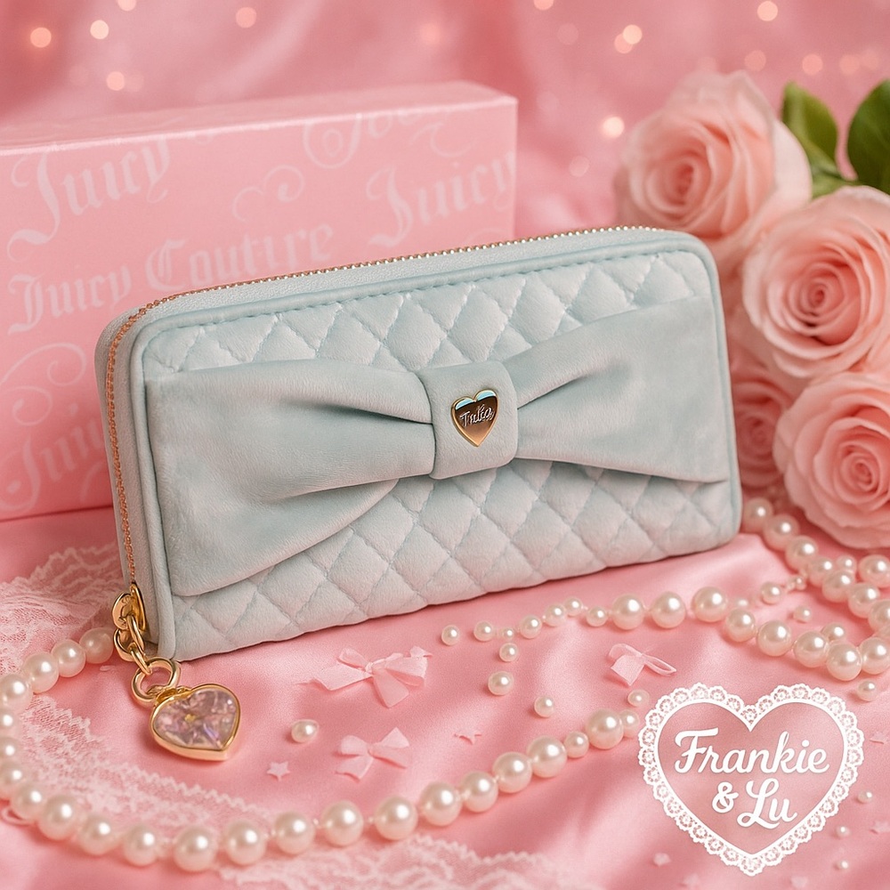 Juicy Couture Plush Quilted Bow Zip Wallet Baby Blue Pink Lining Heart Charm NWT